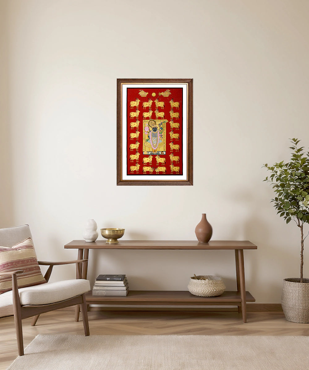 Shrinath ji & Cows Red & Gold Pichwai Hand Painting On Cloth | 17x27 Feet | Unframed