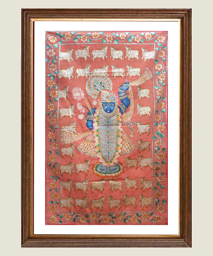 Antique Red & Silver Shrinath ji & Cows Pichwai Hand Painting On Cloth | 17x27 Feet | Unframed