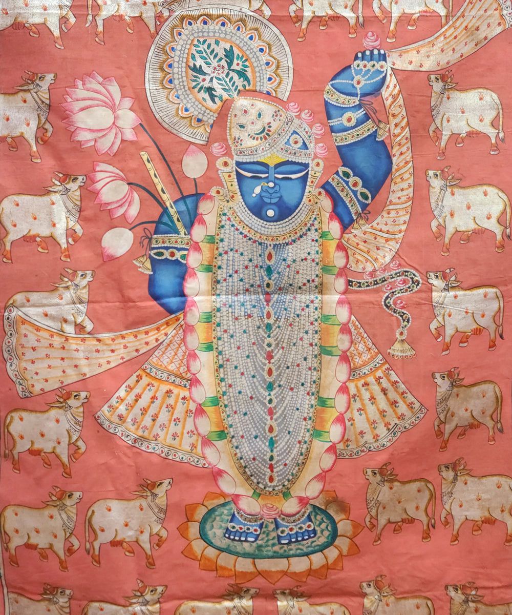 Antique Red & Silver Shrinath ji & Cows Pichwai Hand Painting On Cloth | 17x27 Feet | Unframed