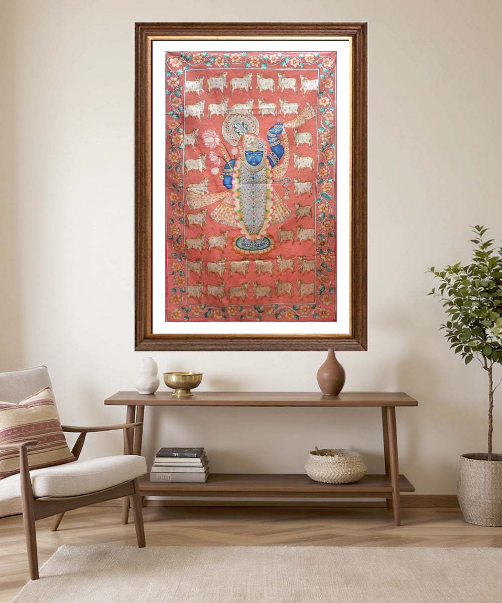 Antique Red & Silver Shrinath ji & Cows Pichwai Hand Painting On Cloth | 17x27 Feet | Unframed