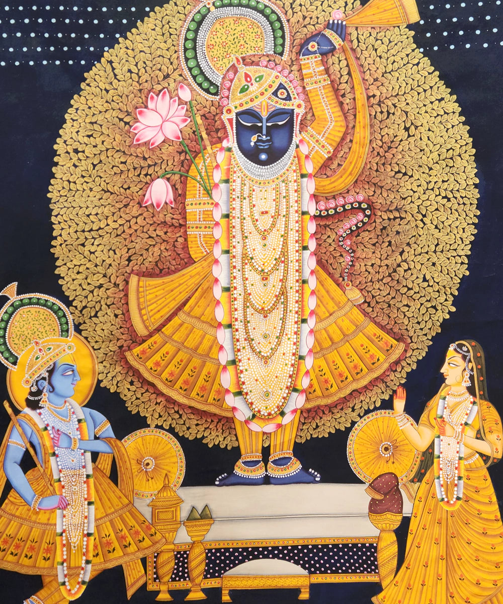 Navy & Gold Pichwai Hand Painting On Cloth | Shrinath ji | 3x4 Feet | Unframed