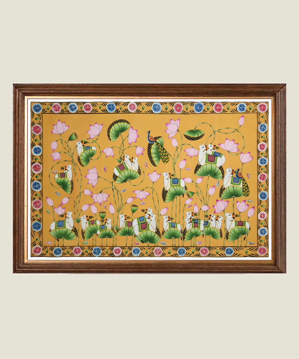Pichwai Hand Painting On Cloth | Lotus & Cow | 22x33 Inches | Unframed