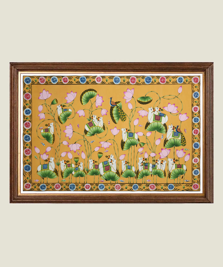 Pichwai Hand Painting On Cloth | Lotus & Cow | 22x33 Inches | Unframed