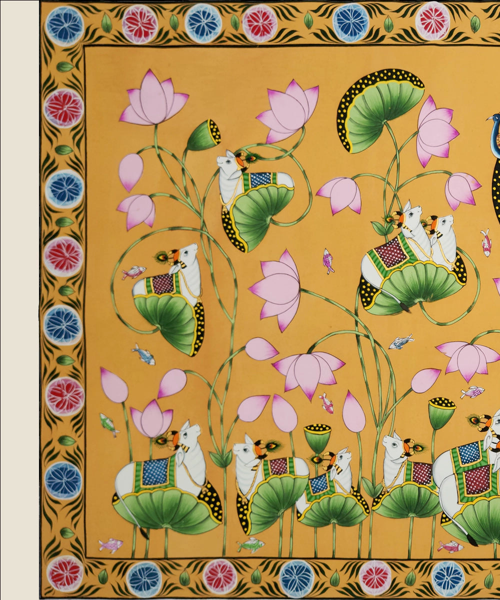 Pichwai Hand Painting On Cloth | Lotus & Cow | 22x33 Inches | Unframed
