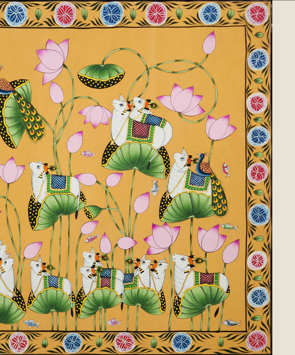 Pichwai Hand Painting On Cloth | Lotus & Cow | 22x33 Inches | Unframed