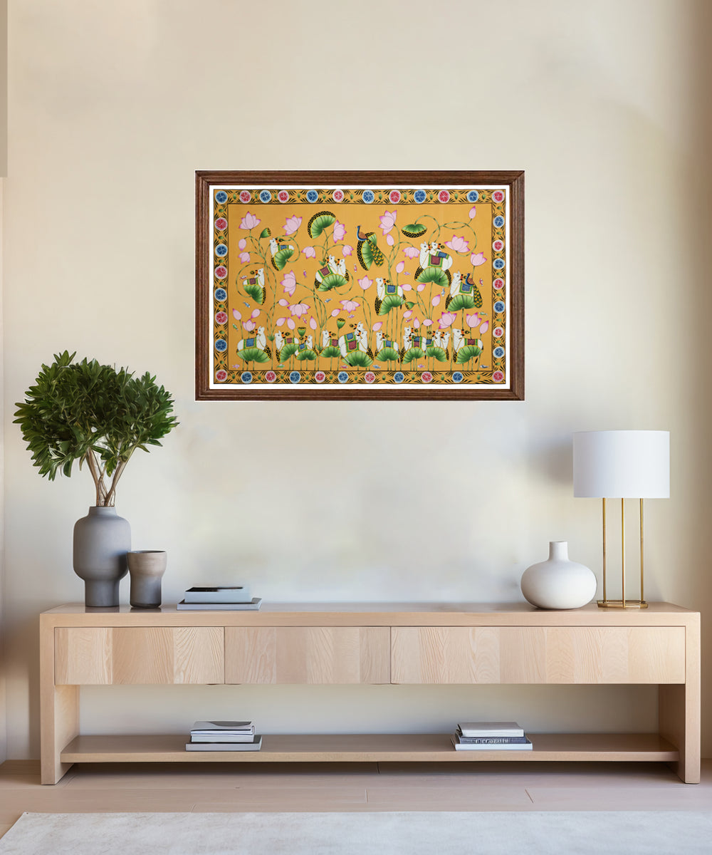 Pichwai Hand Painting On Cloth | Lotus & Cow | 22x33 Inches | Unframed