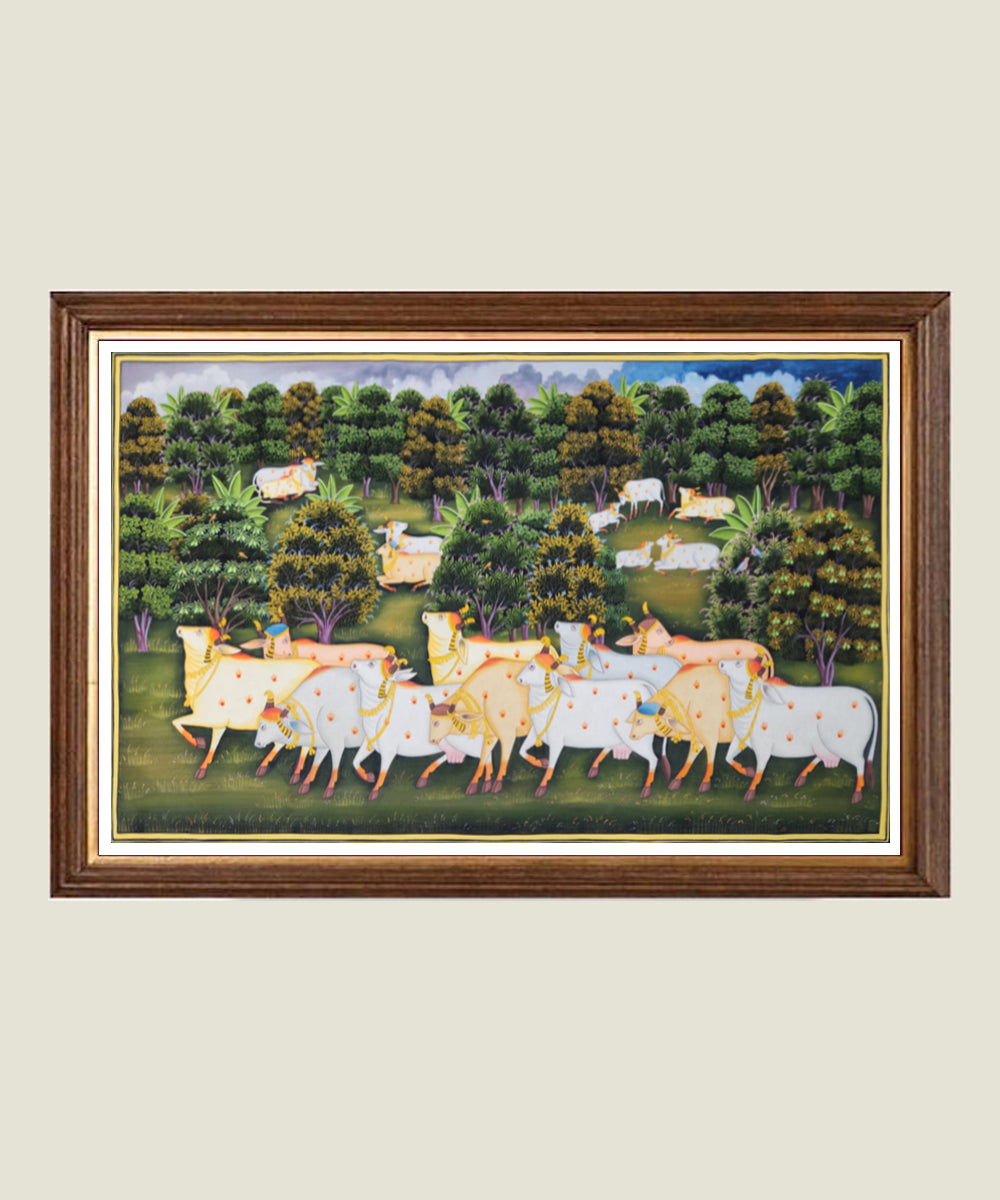 Pichwai Hand Painting On Cloth | Cow & Jungle | 22x34 Inches | Unframed