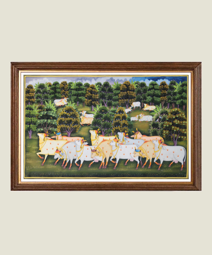 Pichwai Hand Painting On Cloth | Cow & Jungle | 22x34 Inches | Unframed