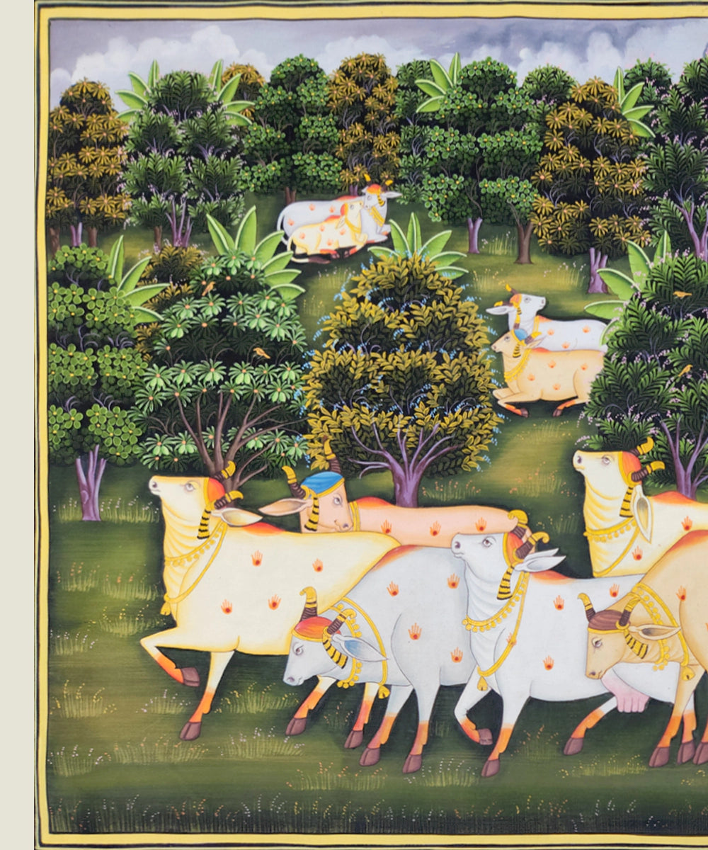 Pichwai Hand Painting On Cloth | Cow & Jungle | 22x34 Inches | Unframed