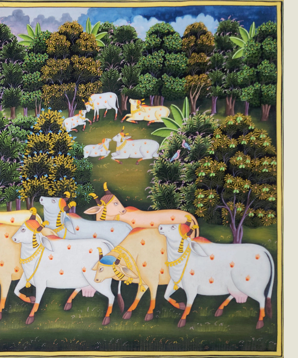 Pichwai Hand Painting On Cloth | Cow & Jungle | 22x34 Inches | Unframed
