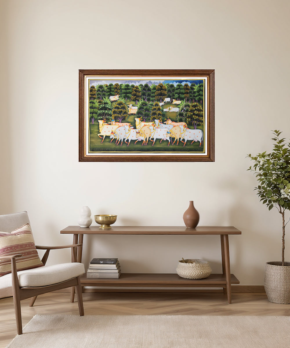 Pichwai Hand Painting On Cloth | Cow & Jungle | 22x34 Inches | Unframed