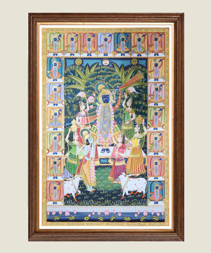 Shrinath ji with Gopis Pichwai Hand Painting On Cloth | 23x36 Feet | Unframed