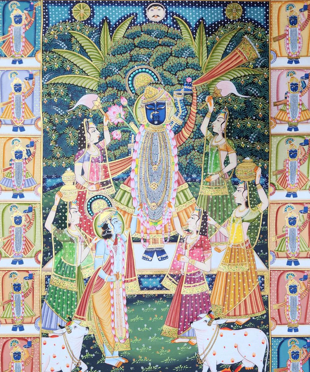 Shrinath ji with Gopis Pichwai Hand Painting On Cloth | 23x36 Feet | Unframed