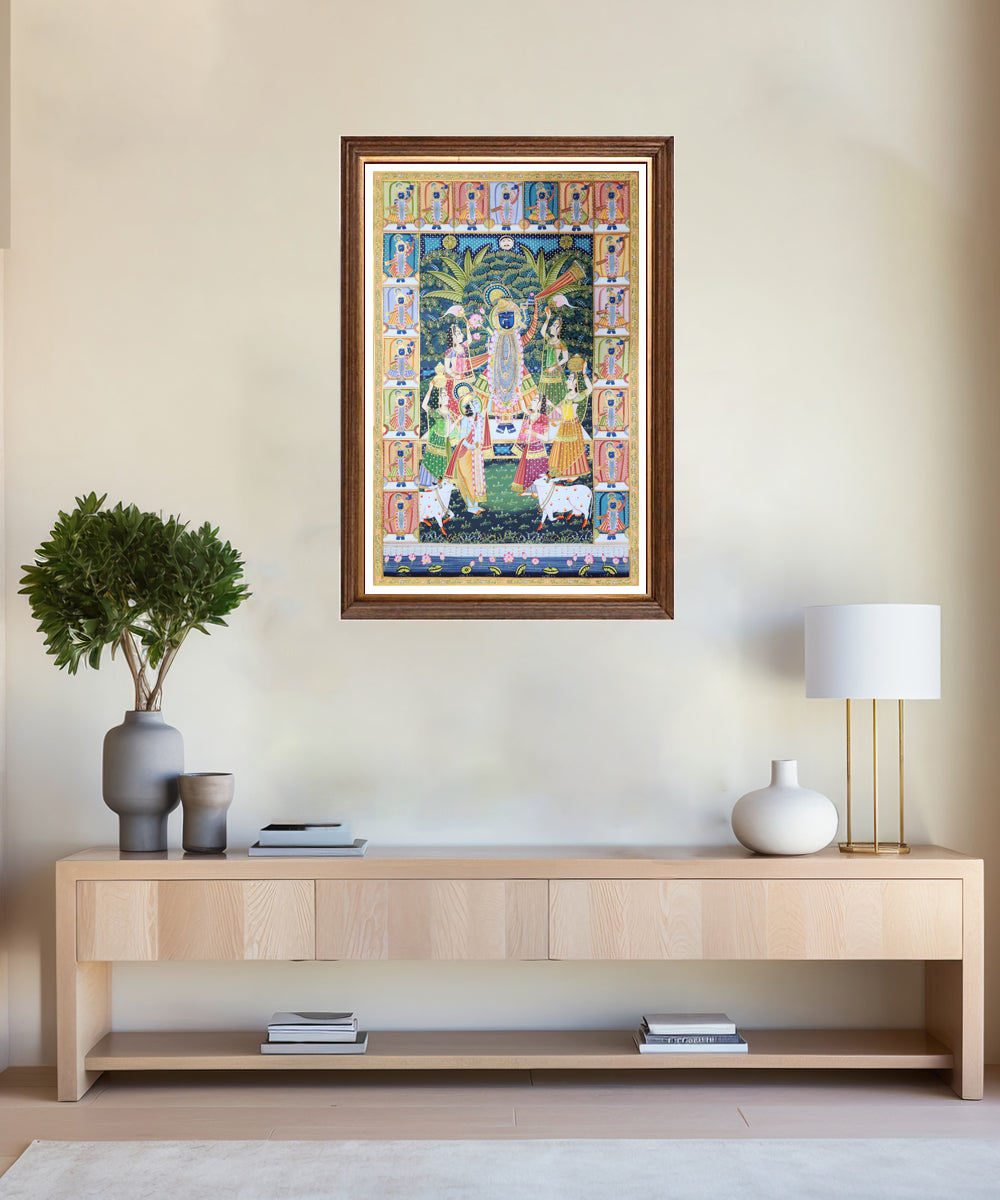 Shrinath ji with Gopis Pichwai Hand Painting On Cloth | 23x36 Feet | Unframed