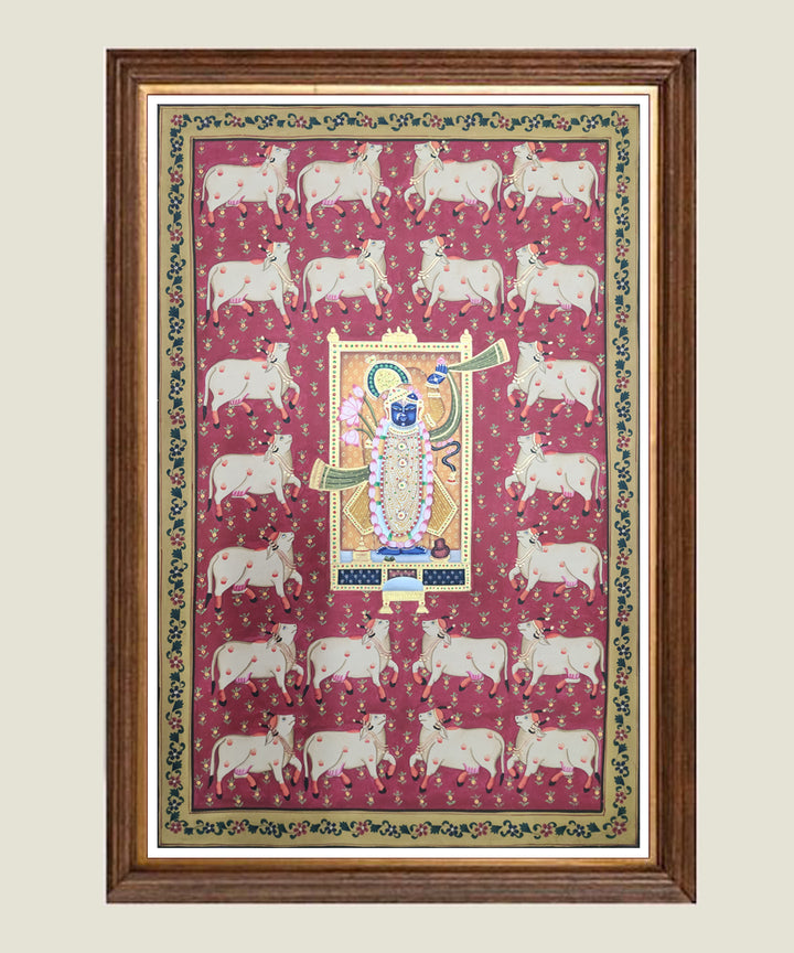 Shrinath ji with Cow Maroon Pichwai Hand Painting On Cloth | 22x34 Inches | Unframed
