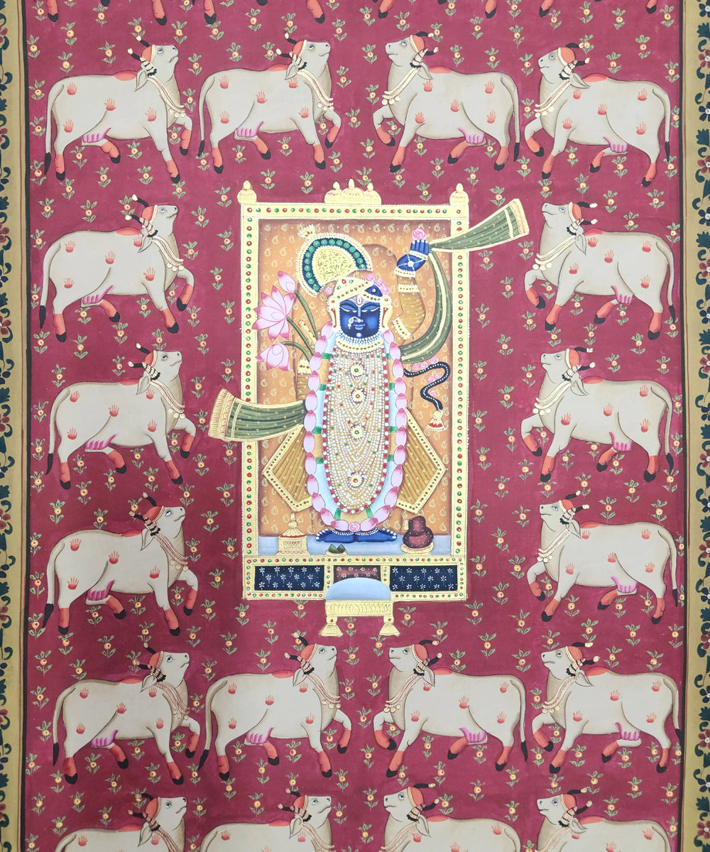 Shrinath ji with Cow Maroon Pichwai Hand Painting On Cloth | 22x34 Inches | Unframed