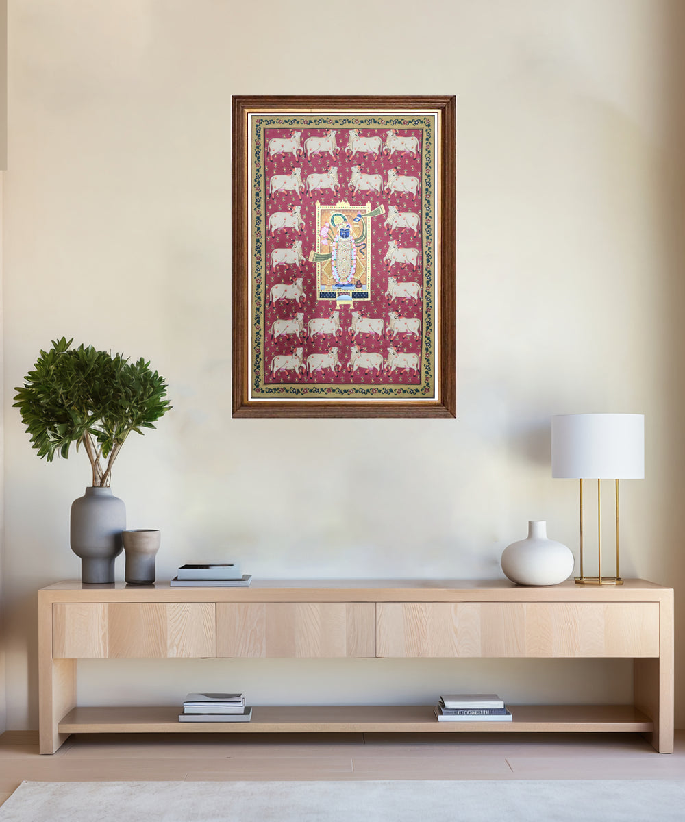 Shrinath ji with Cow Maroon Pichwai Hand Painting On Cloth | 22x34 Inches | Unframed