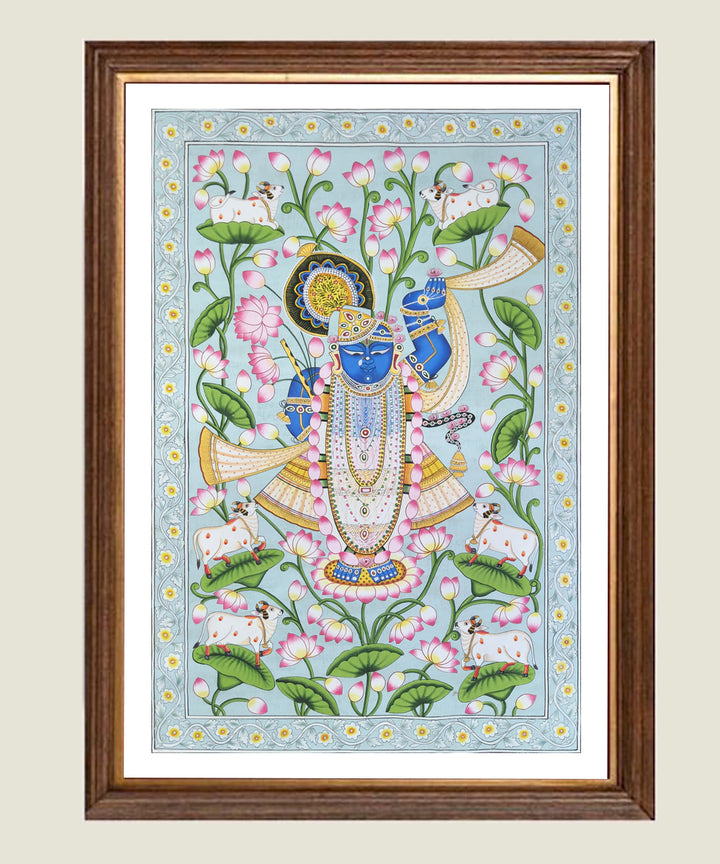 Shrinath ji Light Blue Pichwai Hand Painting On Cloth | 2x3 Feet | Unframed