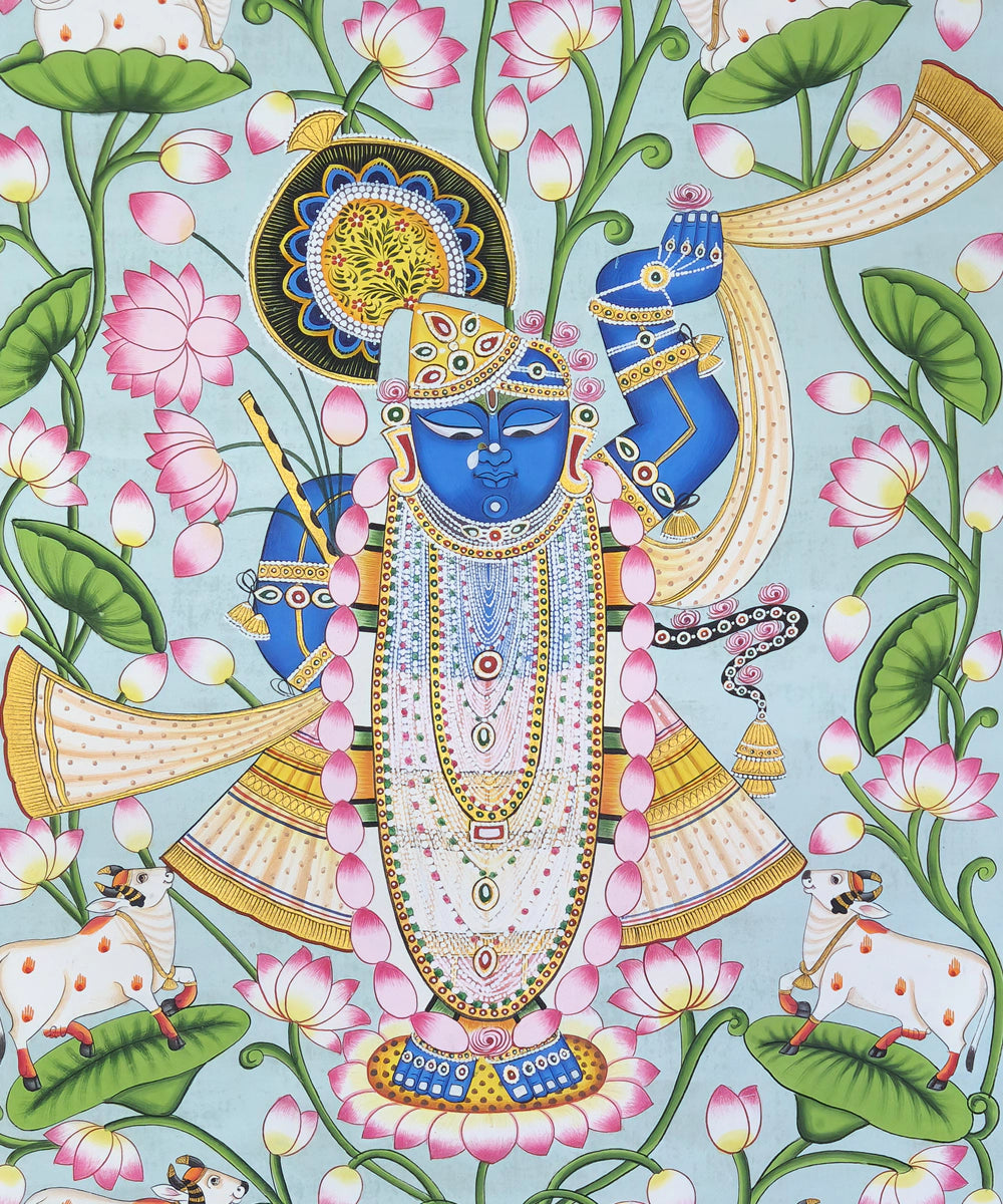 Shrinath ji Light Blue Pichwai Hand Painting On Cloth | 2x3 Feet | Unframed