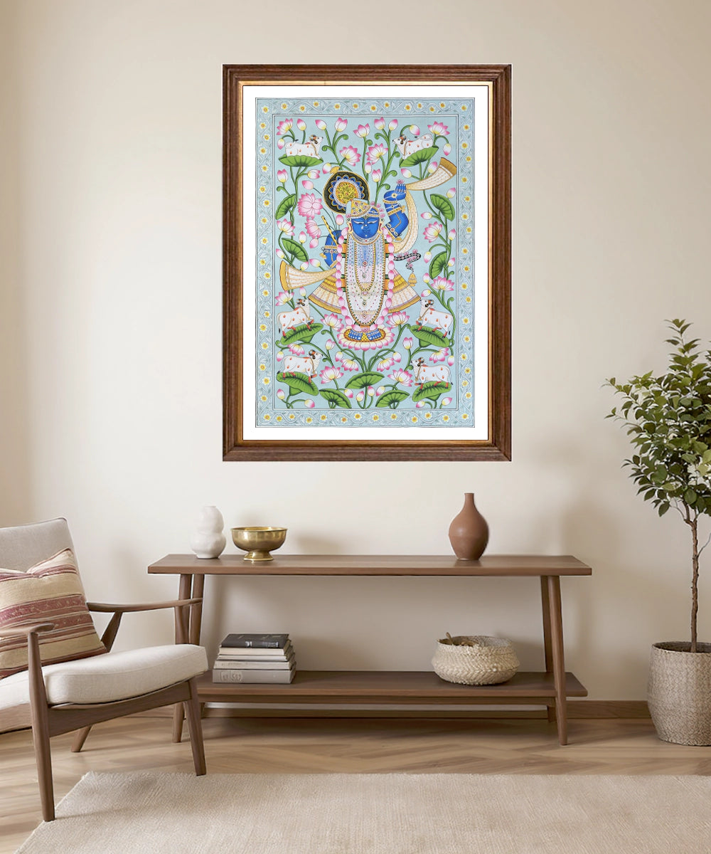 Shrinath ji Light Blue Pichwai Hand Painting On Cloth | 2x3 Feet | Unframed