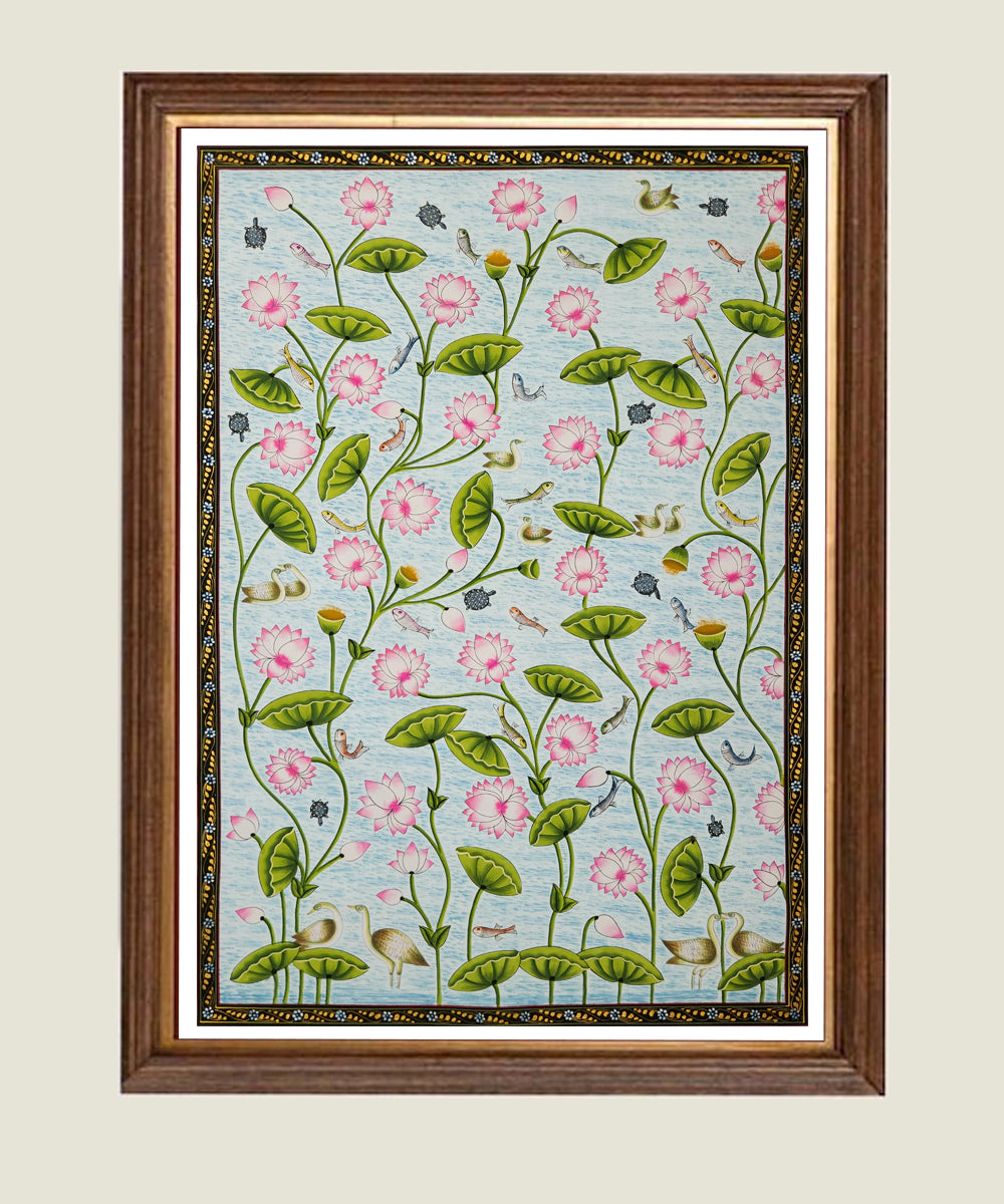 Lotus Pond Pichwai Hand Painting On Cloth | 21.5x32.5 Inches | Unframed