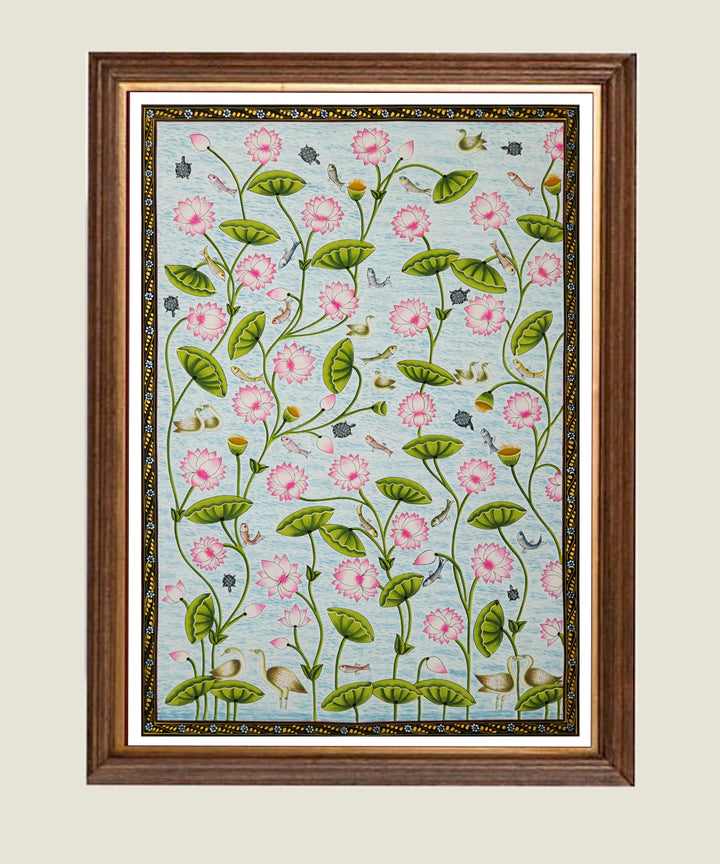 Lotus Pond Pichwai Hand Painting On Cloth | 21.5x32.5 Inches | Unframed