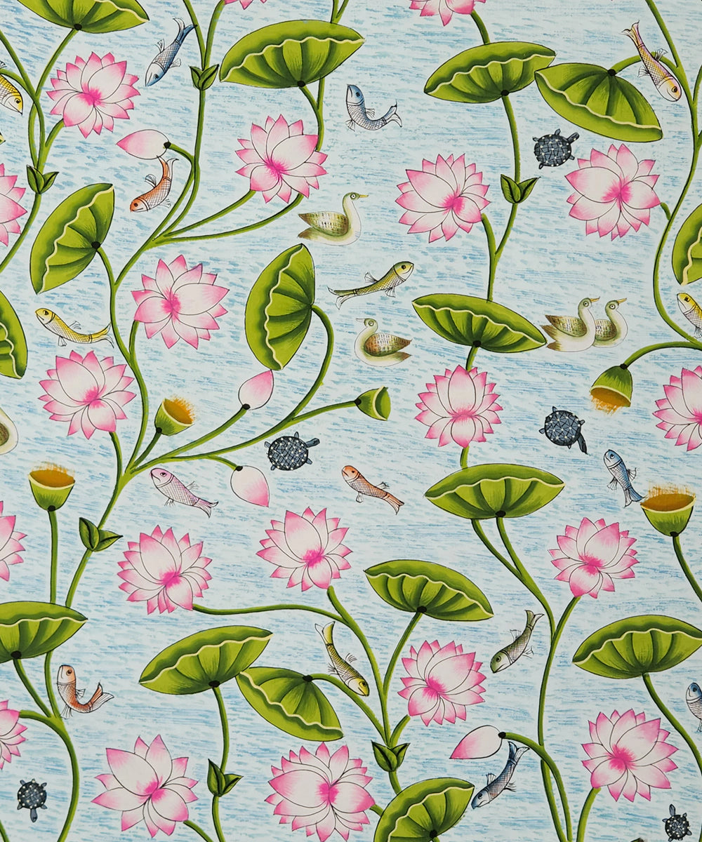 Lotus Pond Pichwai Hand Painting On Cloth | 21.5x32.5 Inches | Unframed
