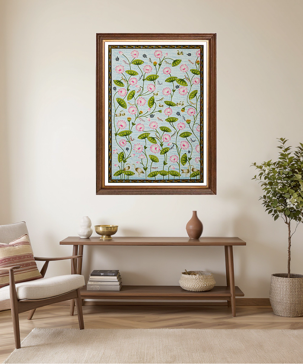 Lotus Pond Pichwai Hand Painting On Cloth | 21.5x32.5 Inches | Unframed