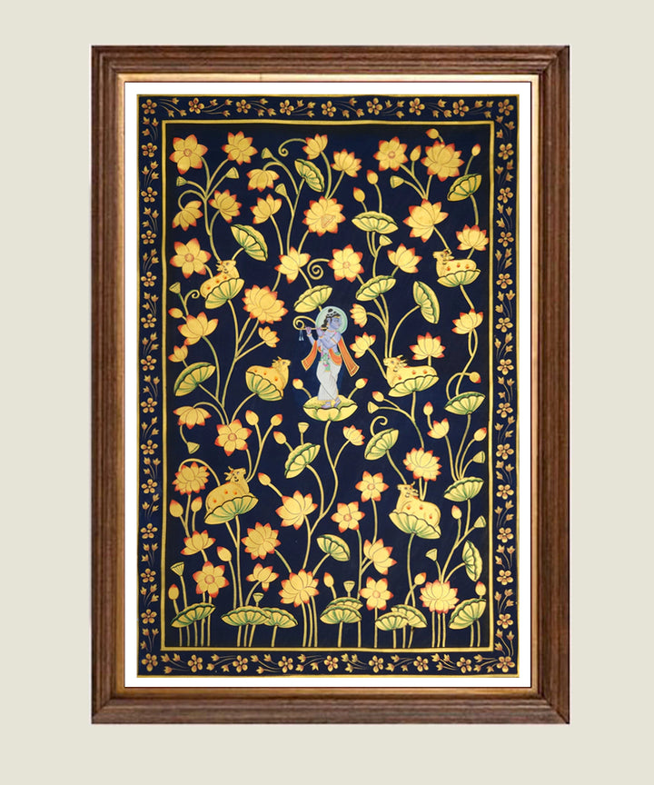 Lotus & Krishna Pichwai Hand Painting On Cloth | 22x33 Inches | Unframed