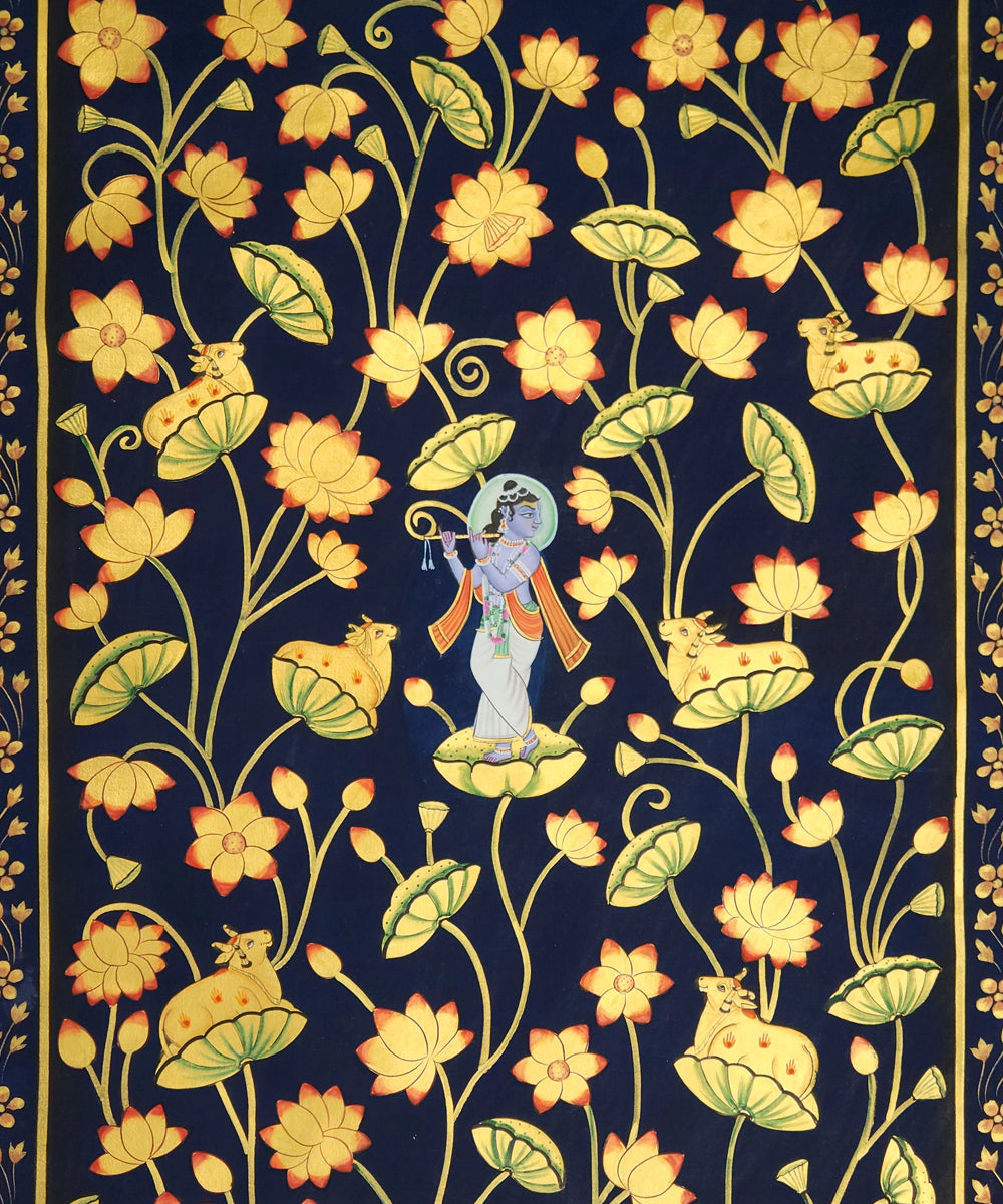 Lotus & Krishna Pichwai Hand Painting On Cloth | 22x33 Inches | Unframed