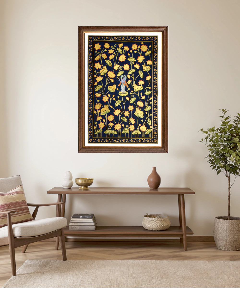 Lotus & Krishna Pichwai Hand Painting On Cloth | 22x33 Inches | Unframed