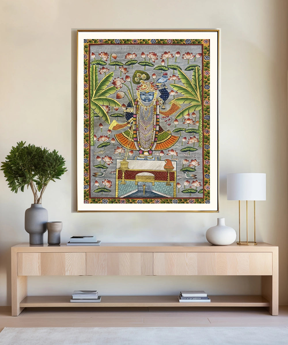 Pichwai Hand Painting On Cloth| Shrinath & Lotus | 2x3 Feet | Unframed