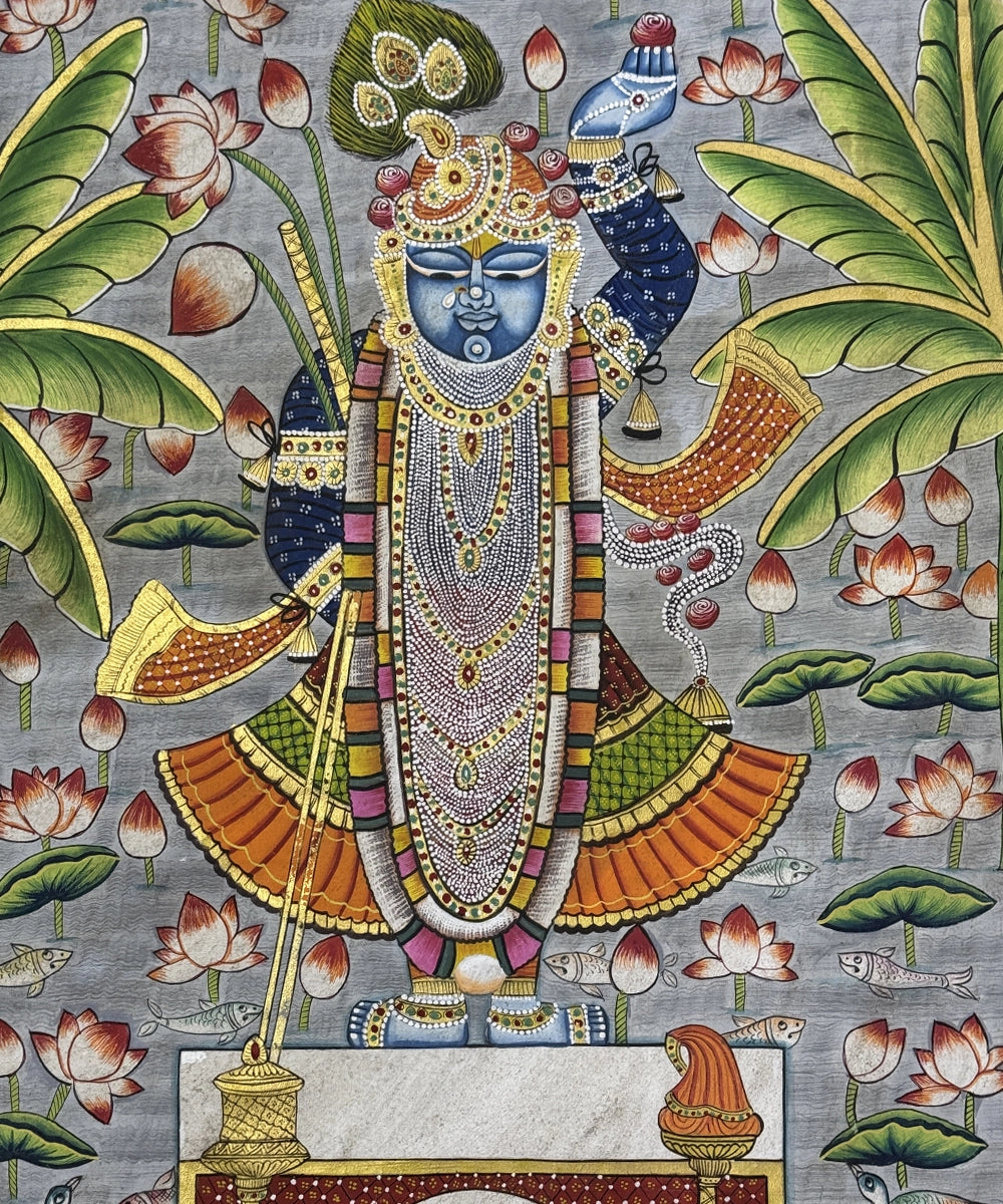 Pichwai Hand Painting On Cloth| Shrinath & Lotus | 2x3 Feet | Unframed