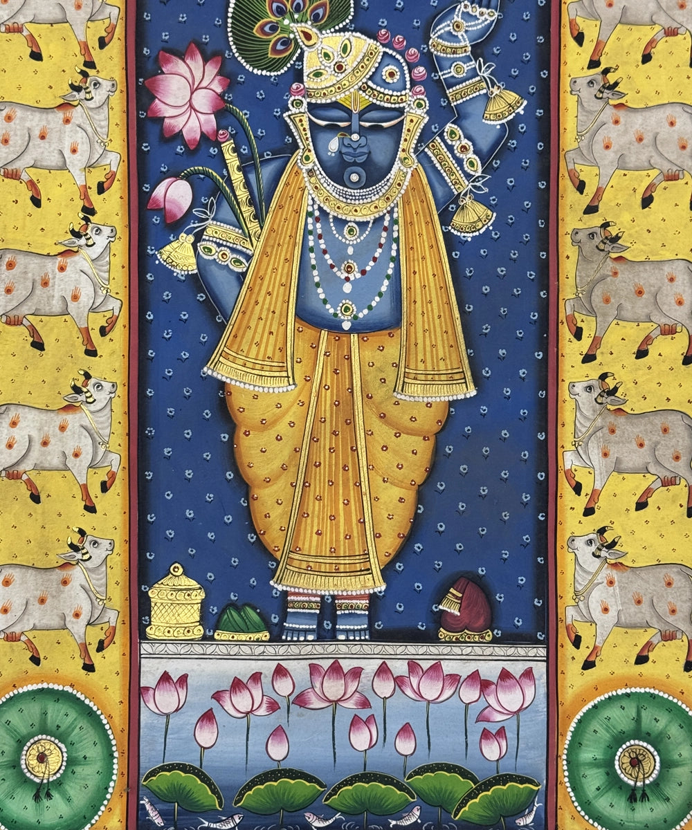Pichwai Hand Painting On Cloth| Shrinath & Cows | 18x24 Inches | Unframmed