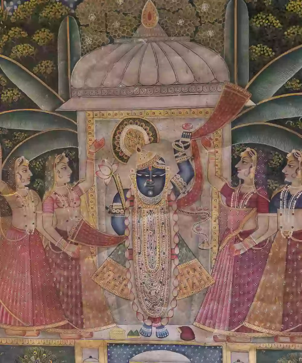 Pichwai Painting On Cloth | Shrinath ji with Gopis | 2x3 Feet | Unframed