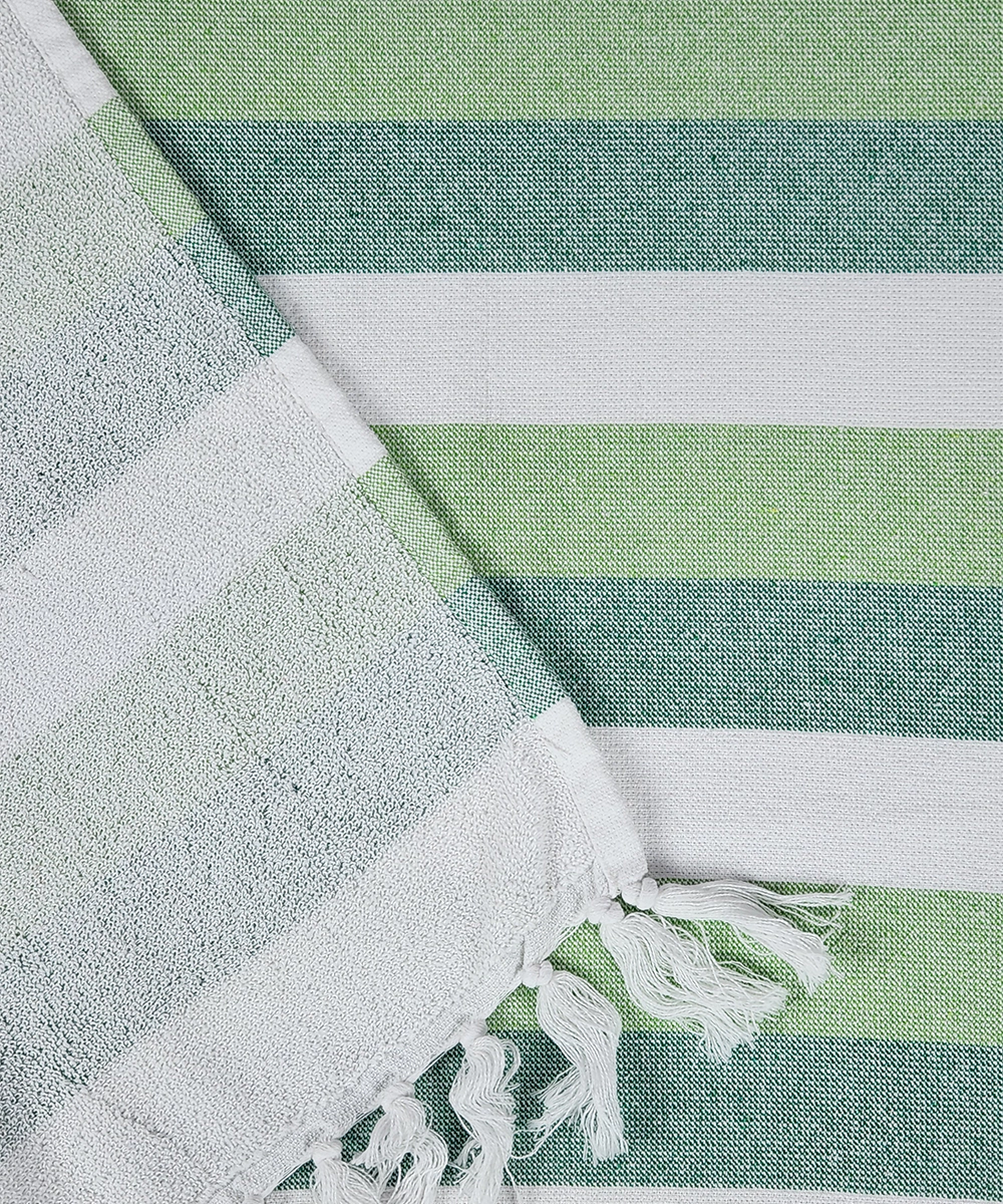 Sage Garden Yarn-Dyed Striped Bath Towel with Tassels | Lightweight Terry