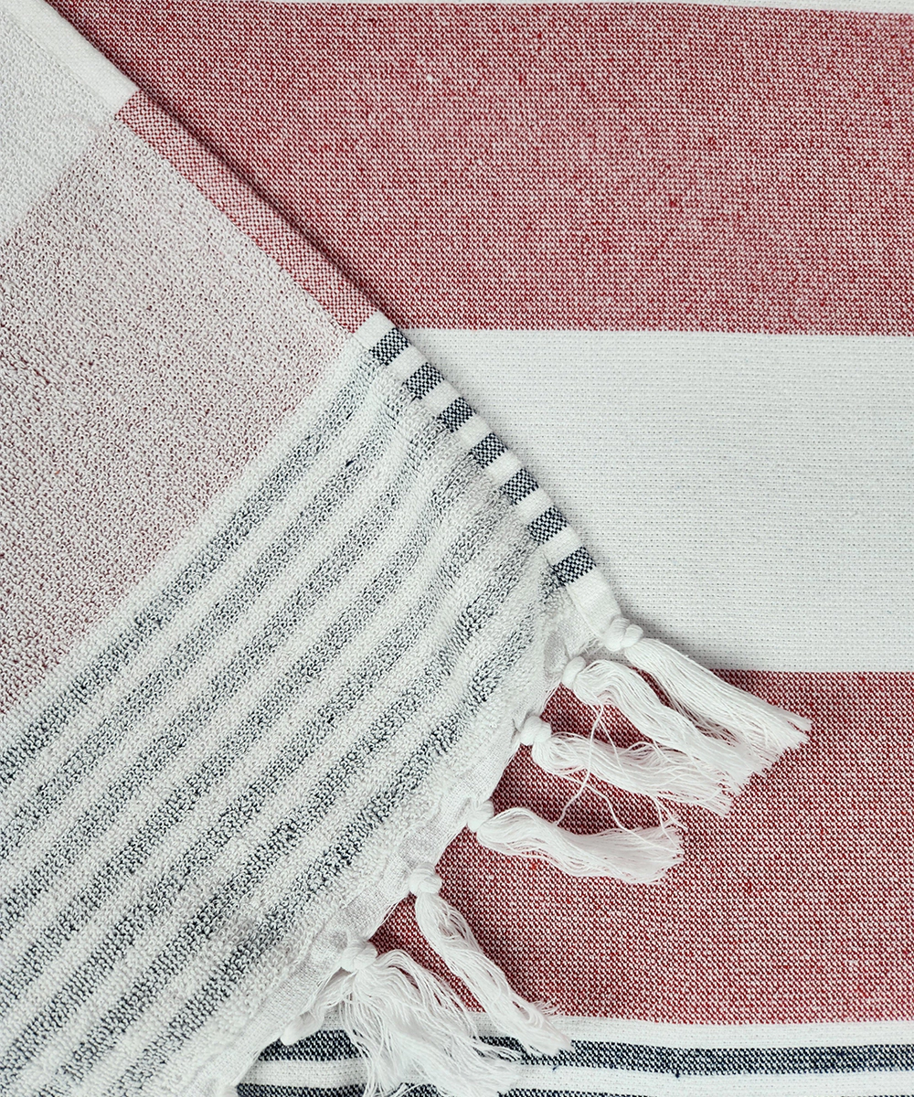 Dusty Rose Yarn-Dyed Striped Bath Towel with Tassels | Lightweight Terry