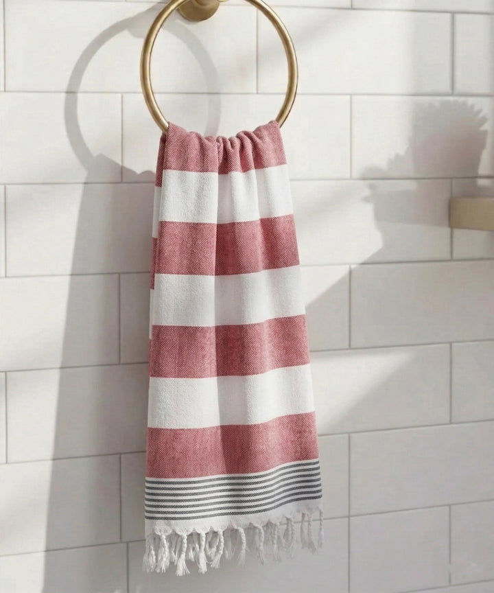 Dusty Rose Yarn-Dyed Striped Bath Towel with Tassels | Lightweight Terry