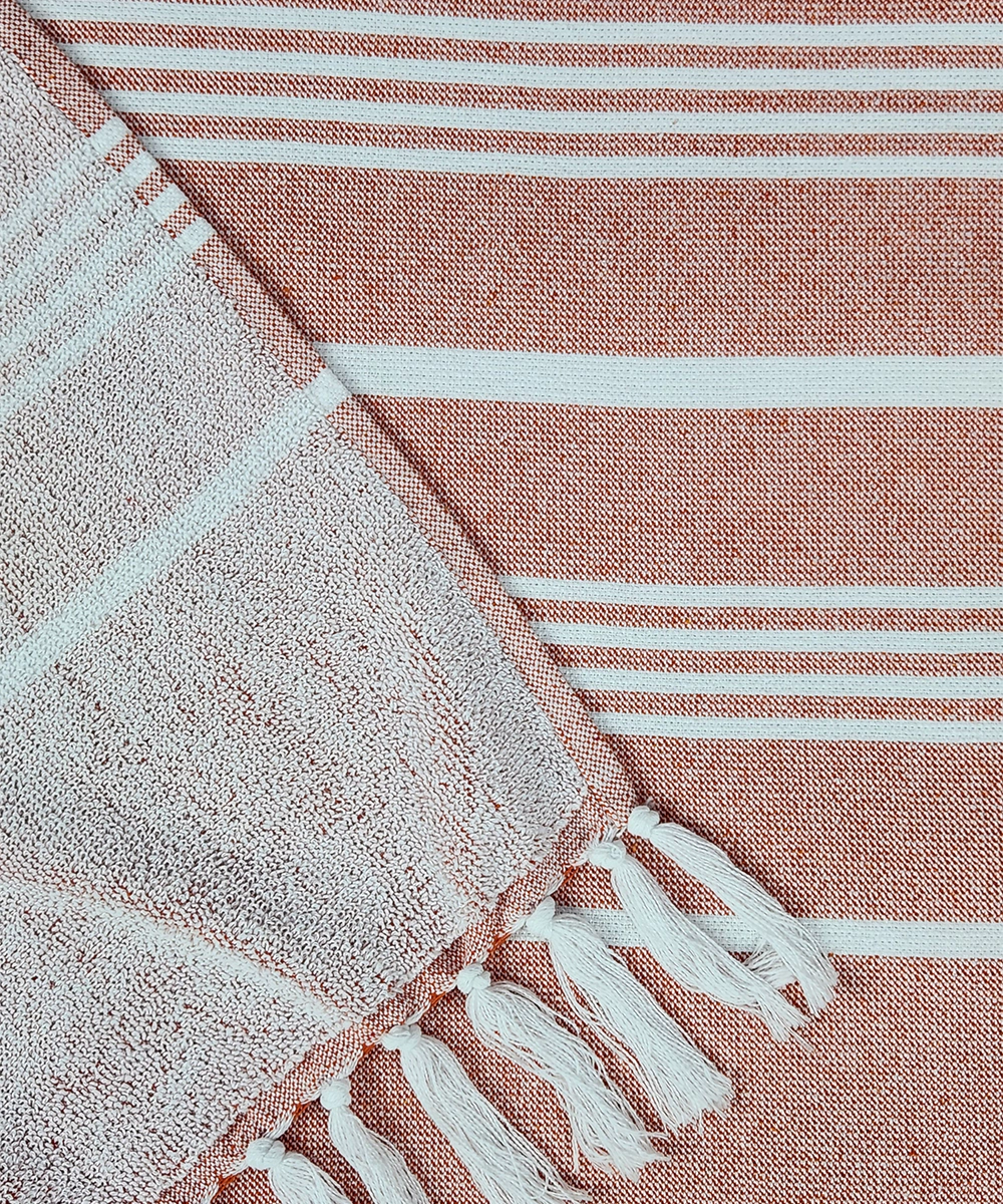 Orange Yarn-Dyed Striped Bath Towel with Tassels | Lightweight Terry