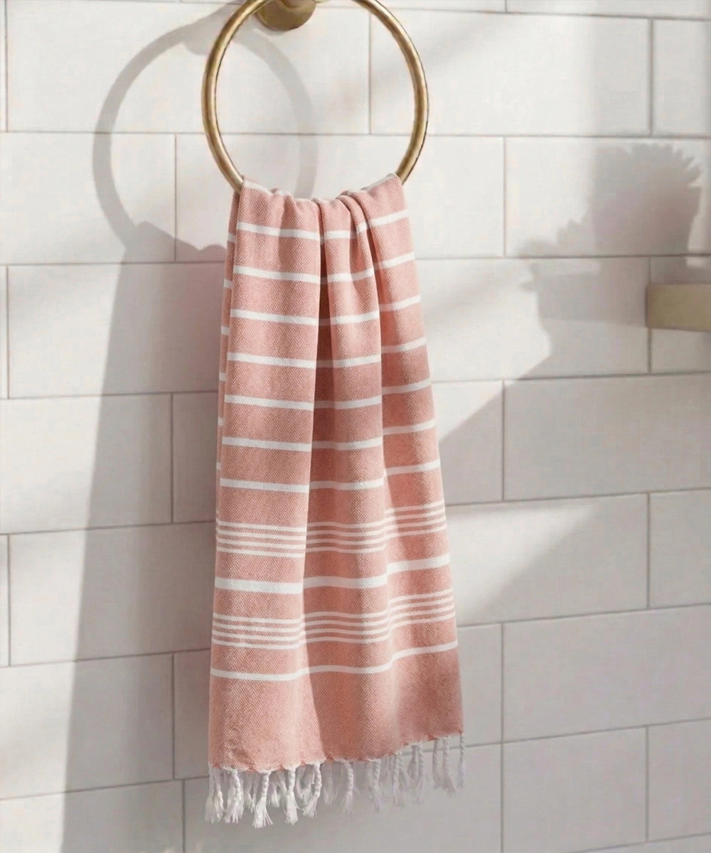 Orange Yarn-Dyed Striped Bath Towel with Tassels | Lightweight Terry