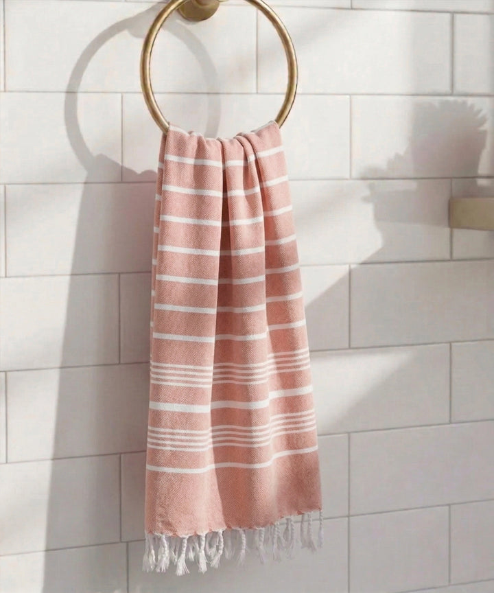 Terra Cotta Yarn-Dyed Striped Bath Towel with Tassels | Lightweight Terry