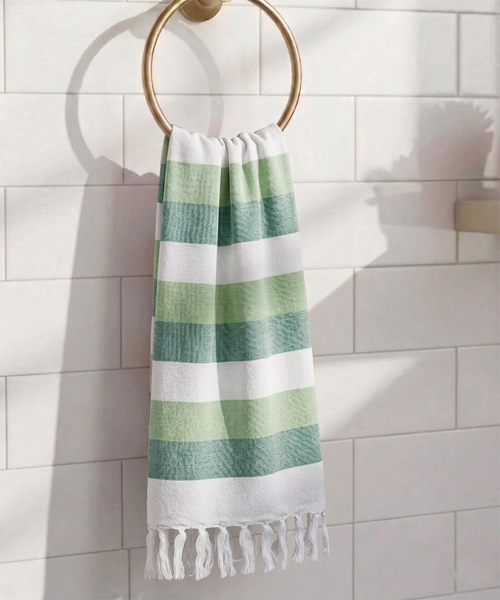 Sage Garden Yarn-Dyed Striped Bath Towel with Tassels | Lightweight Terry