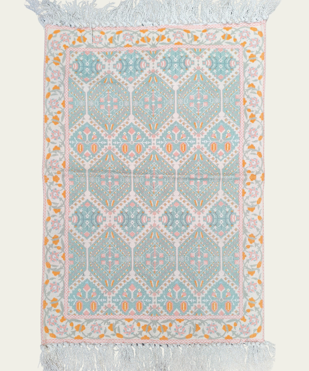 Cream & Turq Cotton - Digital Printed Rug
