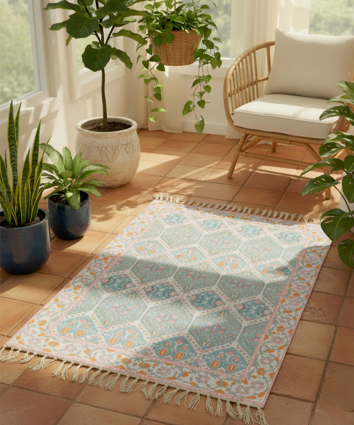 Cream & Turq Cotton - Digital Printed Rug