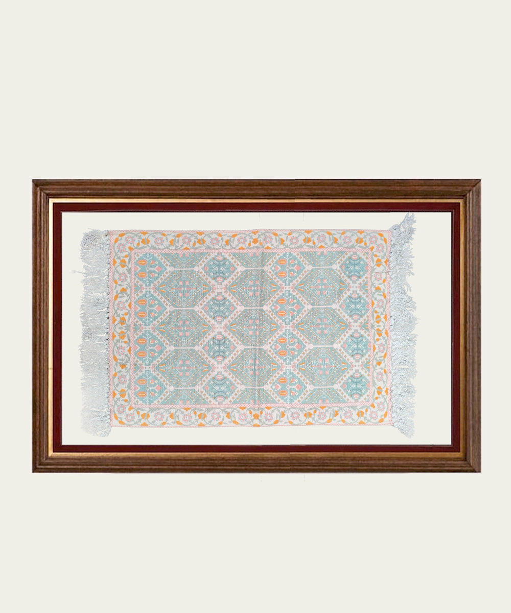 Printed Rug Textile Wall Art – Cream & Turq (Unframed)
