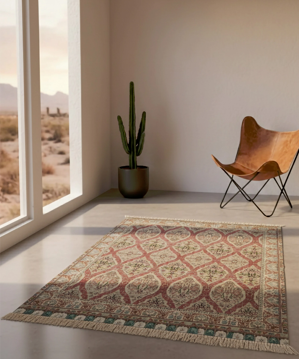 5x7 Feet Printed Rug | Maroon & Beige | Cotton