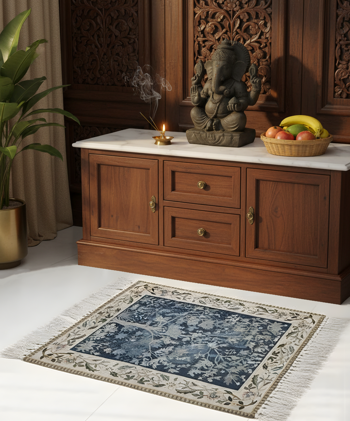 1.5x2 Feet Printed Rug | Blue & Beige | Cotton