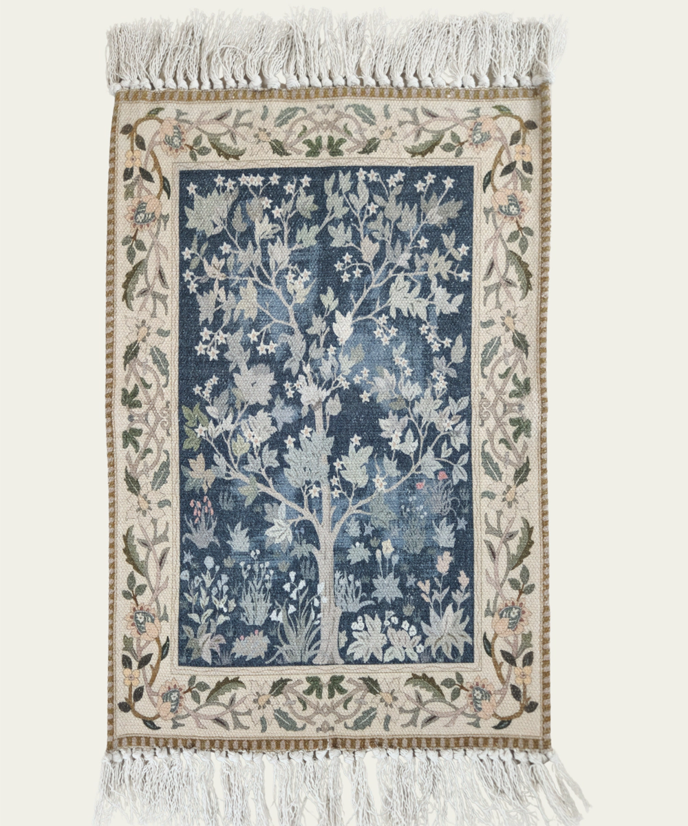 1.5x2 Feet Printed Rug | Blue & Beige | Cotton