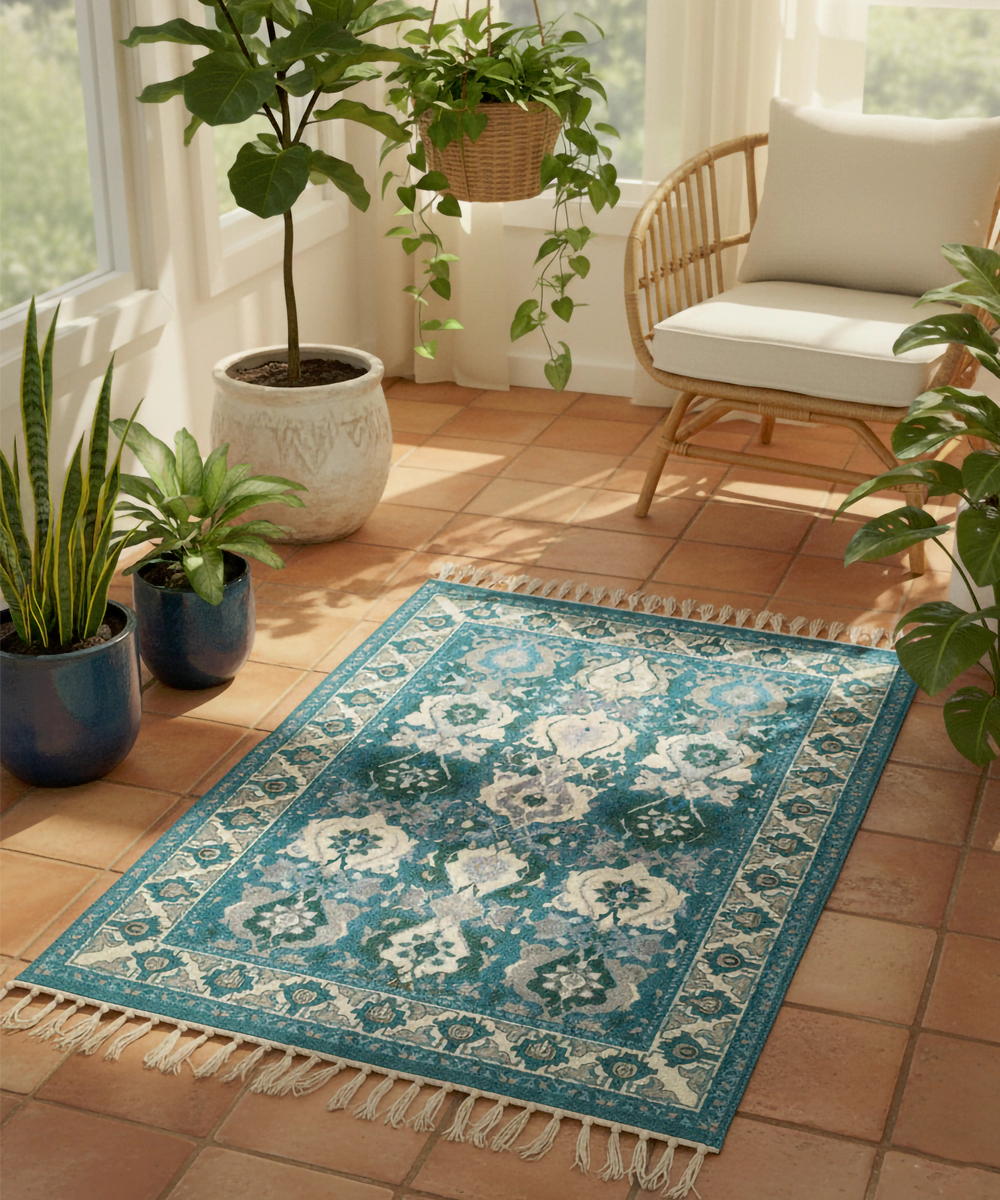 Greenish blue & beige Cotton - Digital Printed Rug