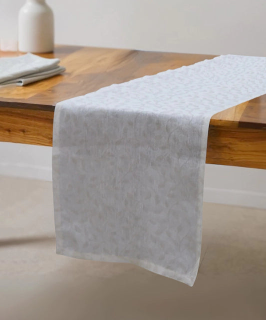 Light Cream Leaf Jacquard Linen Gauze with shimmer 6 Seater Table Runner (13"x 82")